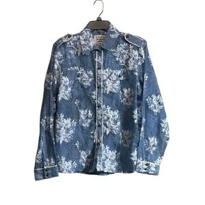 Autumn salute Med Women Blouse Blue Floral Sheer Western Boho Chic Coastal